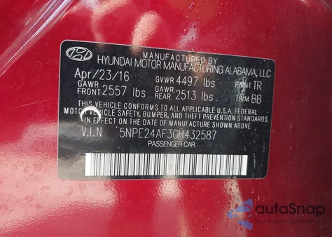 2016 Hyundai Sonata Se from USA, damaged, VIN 5NPE24AF3GH432587